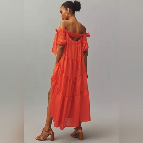 By Anthropologie Off-The-Shoulder Tiered High-Low Midi Dress size XS NEW - Picture 3 of 14